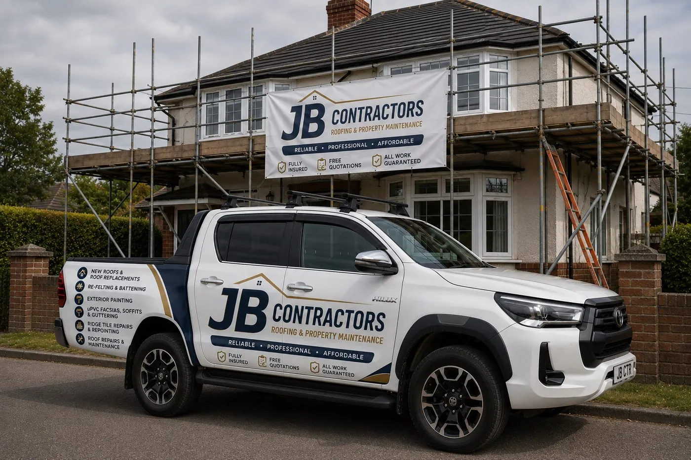 South Molton Roofing pickup truck on site at a scaffolded roofing job in South Molton